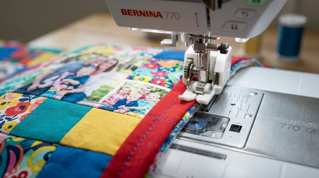 Sewing machine stitching photo quilt layers together with a walking foot