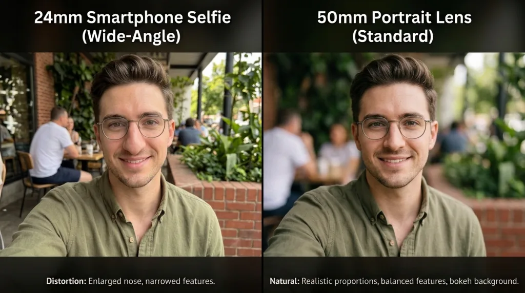 Side-by-side comparison of facial proportions captured with a wide-angle smartphone lens versus a standard portrait lens.