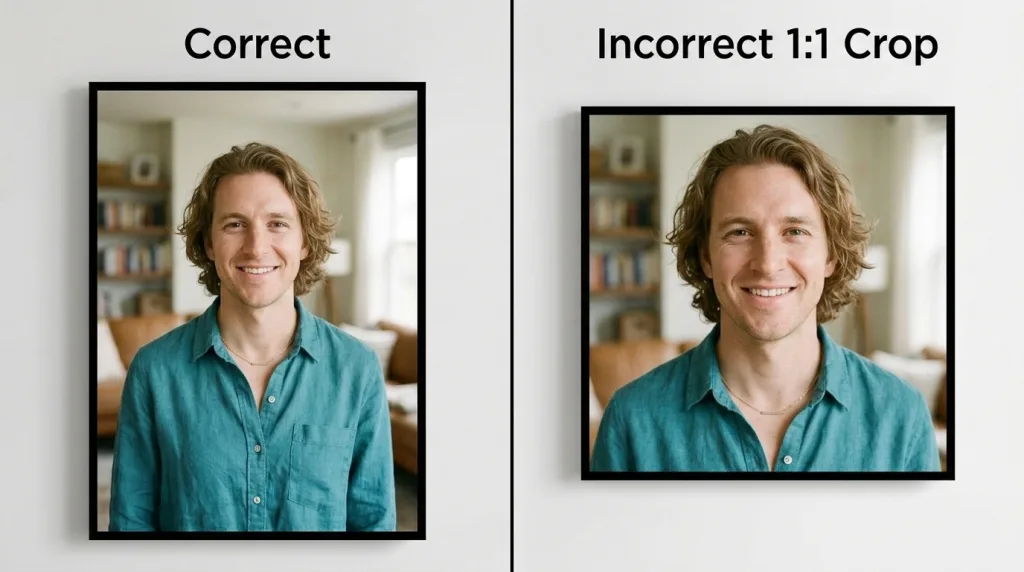 Side-by-side visual example showing the difference between correct framing and bad aspect ratio cropping on a portrait photo.