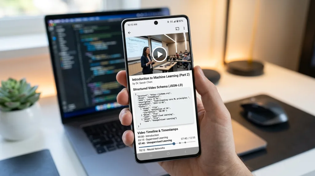 Smartphone displaying an optimized video content search snippet and video schema for SEO