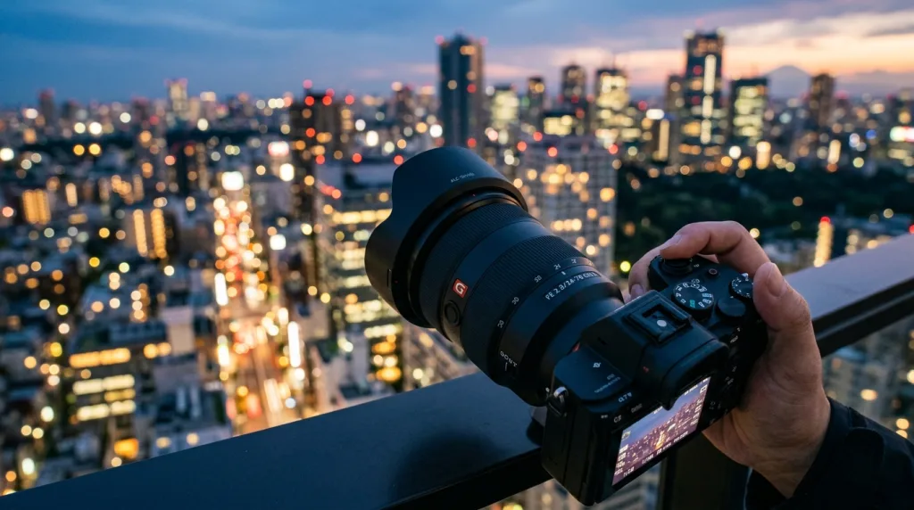 Sony full-frame mirrorless camera with a premium lens against an urban background.