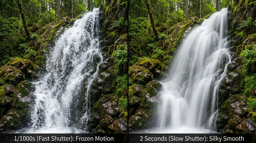 Split photo comparison showing fast shutter speed freezing water versus slow shutter speed blurring water