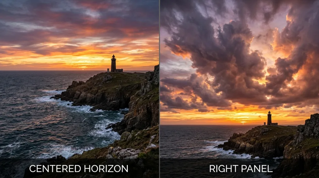 Split screen comparing a centered horizon mistake with a correct lower-third horizon placement.