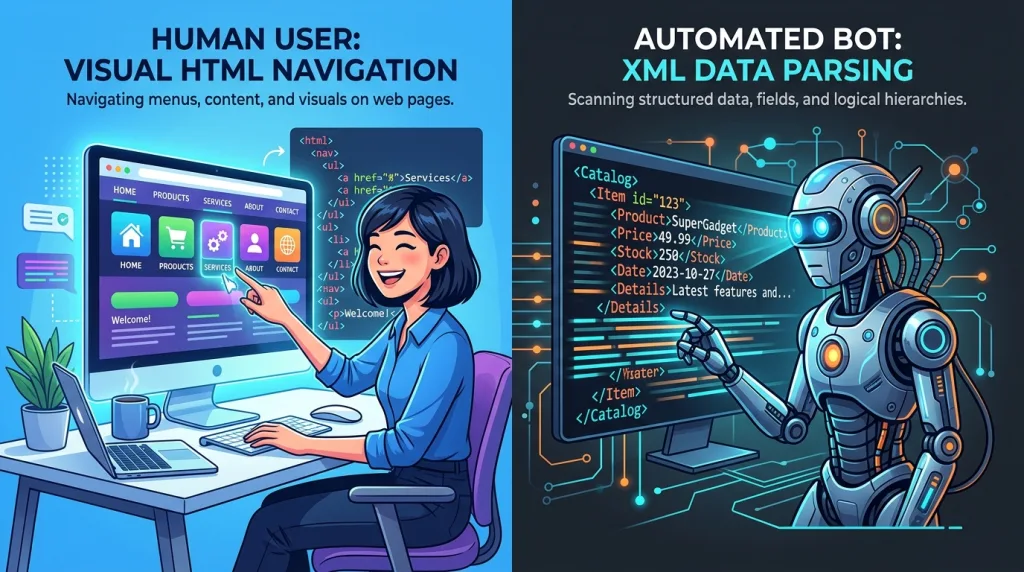 Split-screen infographic comparing a visual HTML sitemap for users with a coded XML sitemap for search bots.