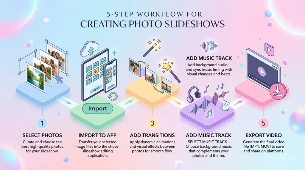 Step by step workflow diagram showing how to create a photo slideshow video.