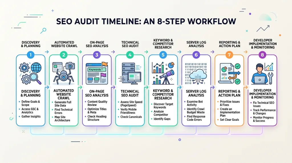 Step-by-step workflow process of a professional SEO technical audit service