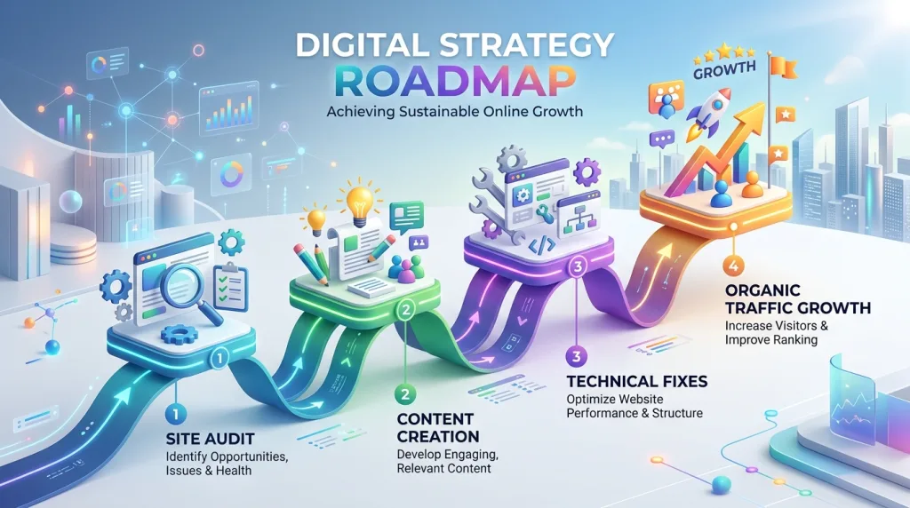 Sustainable SEO strategy roadmap showing long-term organic business growth stages