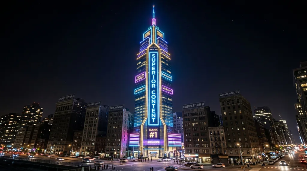 Tall glowing skyscraper representing superior SEO content outshining competitor websites.