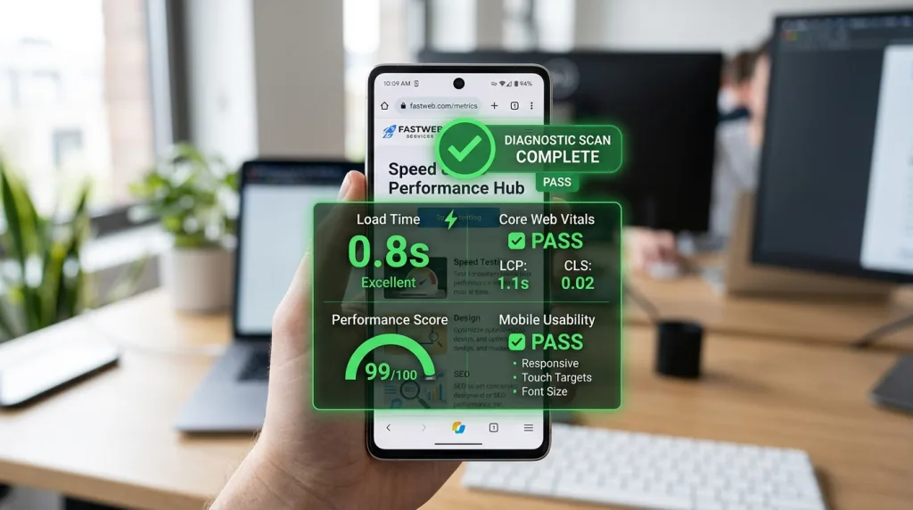 Technical SEO audit showing fast mobile page speed and healthy core web vitals.