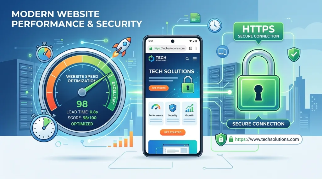 Technical SEO components showing site speed, mobile responsiveness, and HTTPS security