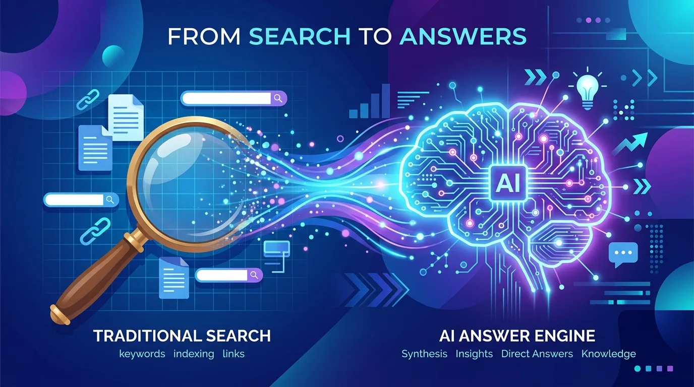 Illustration showing the shift from traditional SEO to AI answer engines.