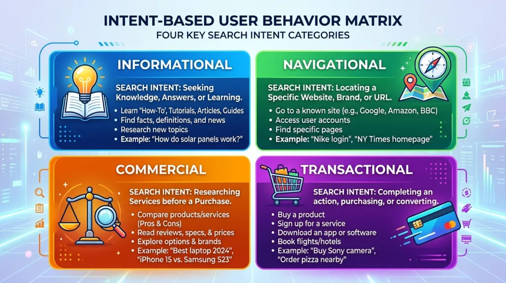The four primary types of SEO search intent Informational, Navigational, Commercial, and Transactional.