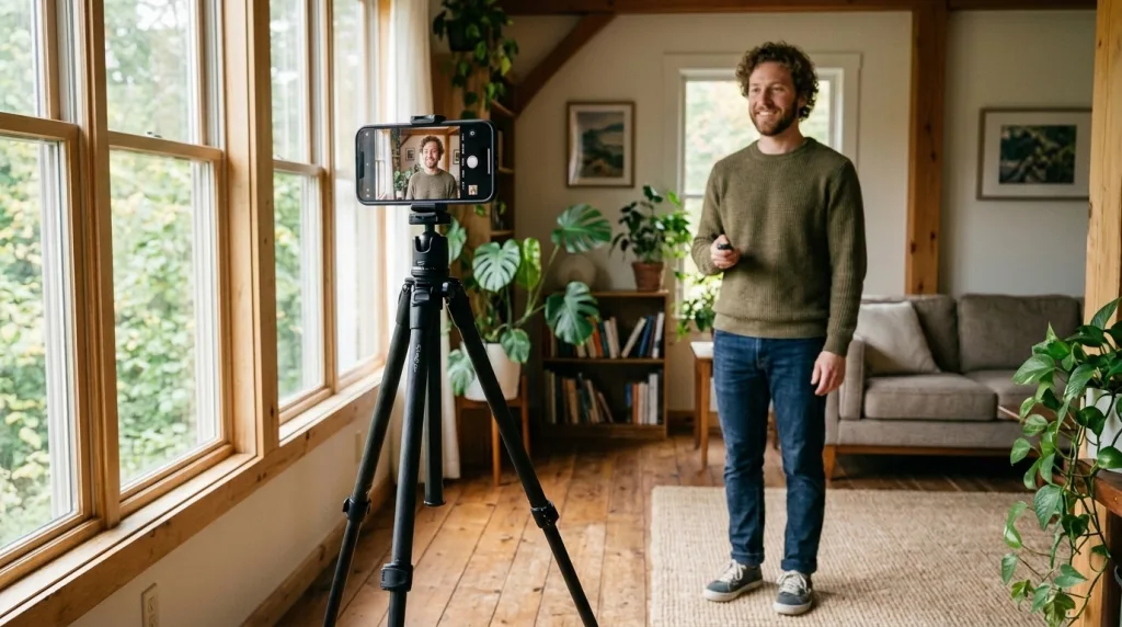The ideal smartphone photography setup using a tripod, rear camera, and natural window light for accurate self-portraits.
