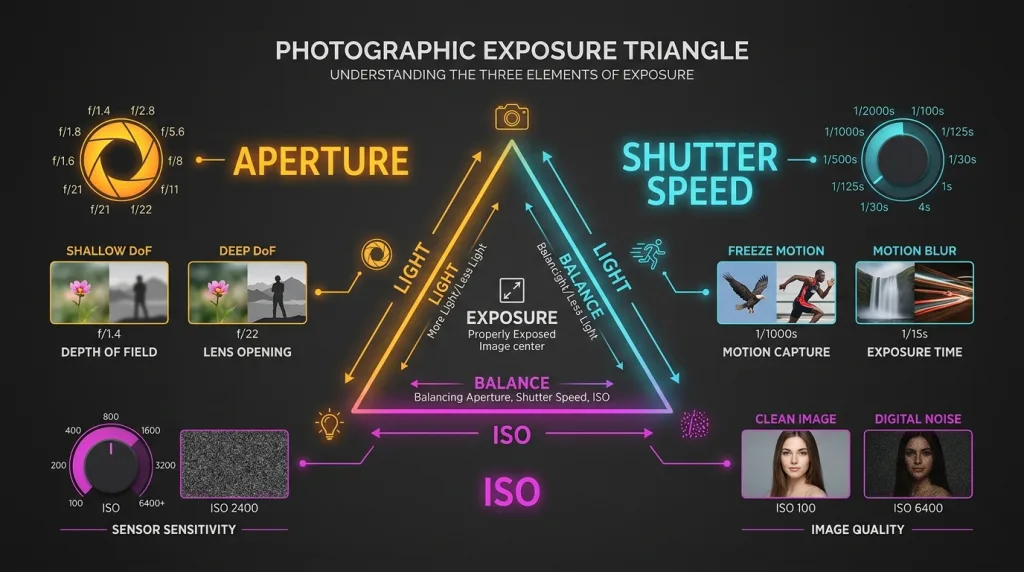 The photographic exposure triangle infographic explaining aperture shutter speed and ISO