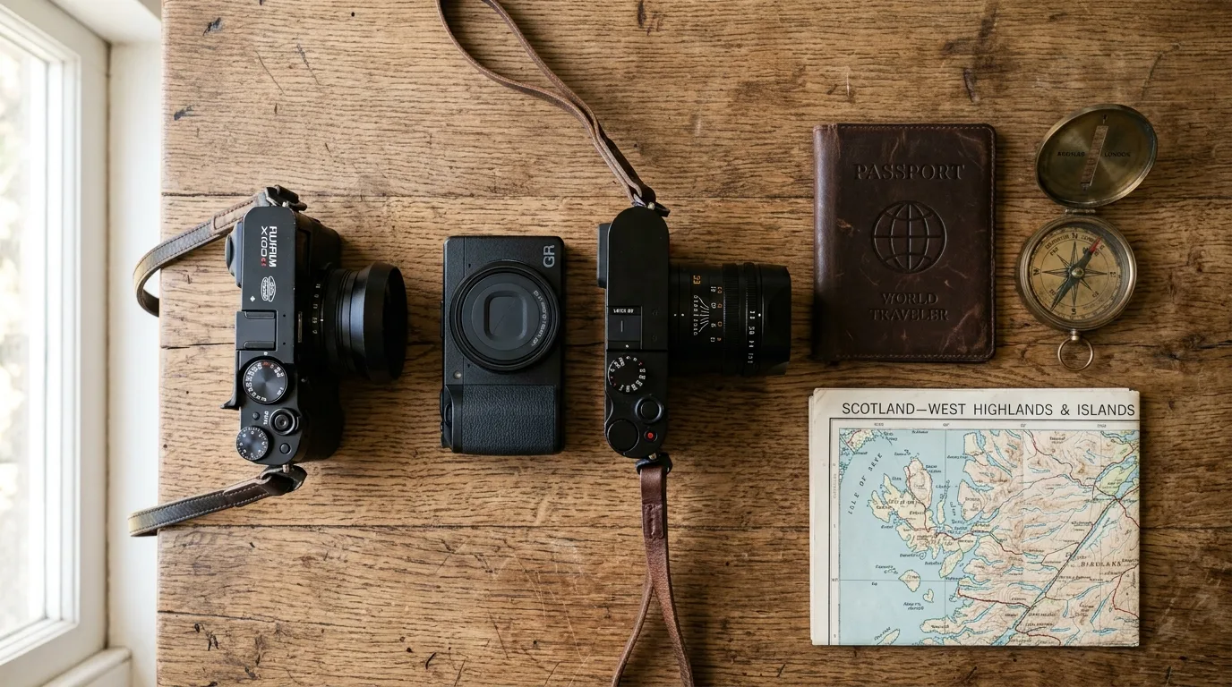 Top compact travel cameras laid out on a table with a passport and travel map