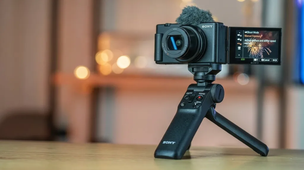 Travel creator recording a video blog using a Sony ZV-1 II compact camera on a tripod