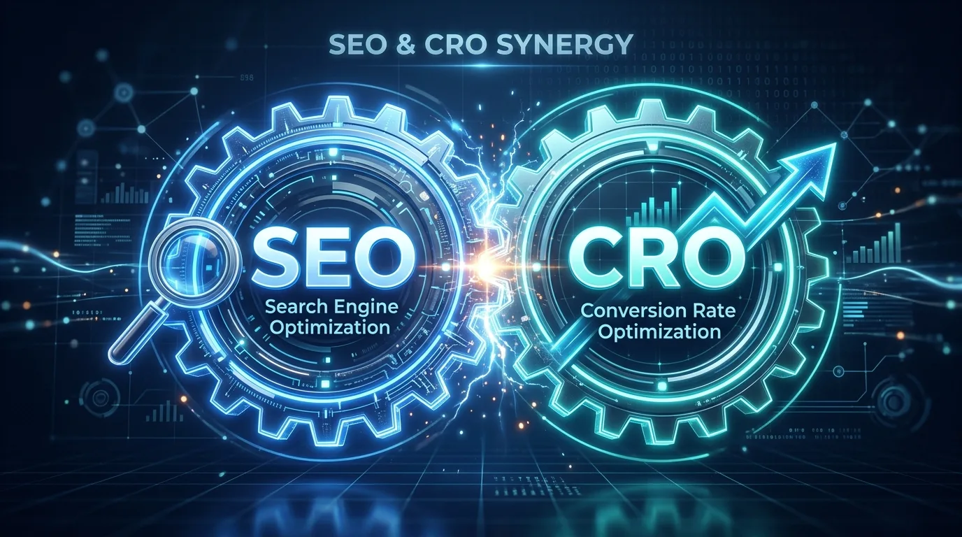 Two interlocking gears representing SEO and CRO integration for digital growth.