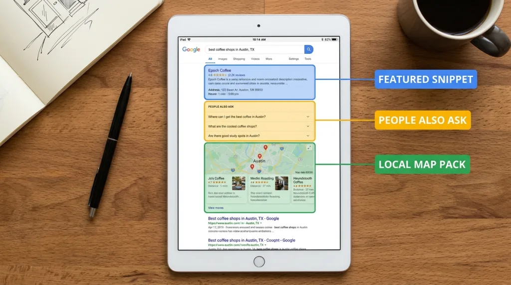 UI mockup highlighting search elements like featured snippets and local map packs.