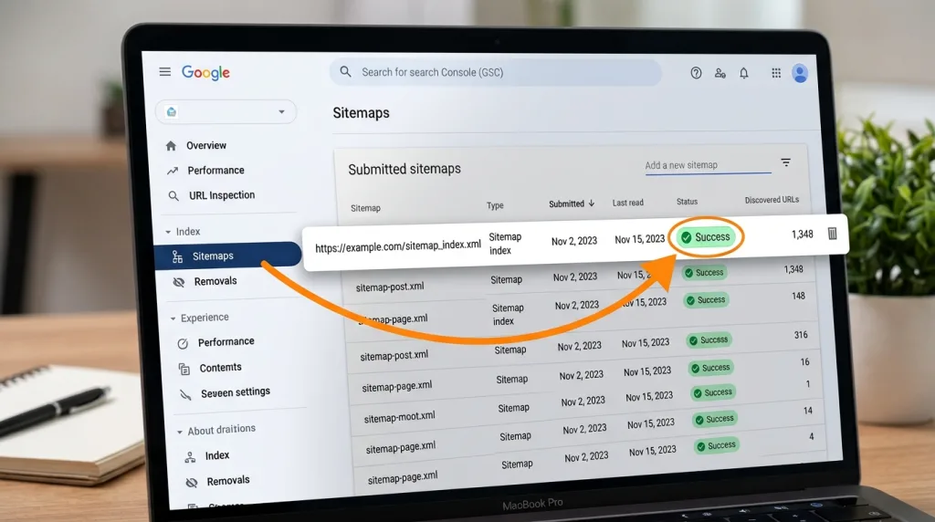 UI mockup of the Google Search Console dashboard displaying a successfully submitted and indexed XML sitemap.