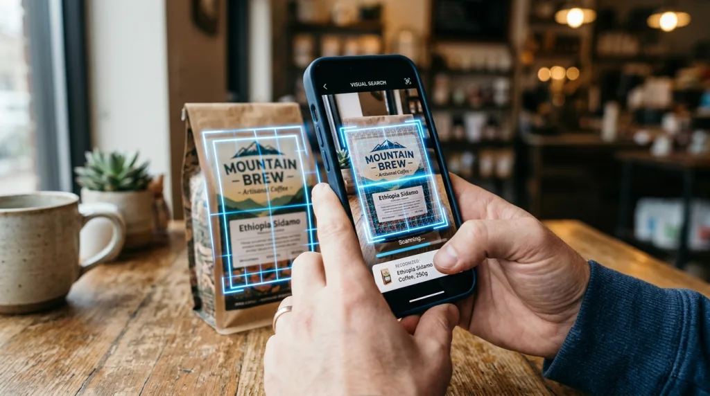 User scanning a product with a smartphone camera for visual search and image discovery