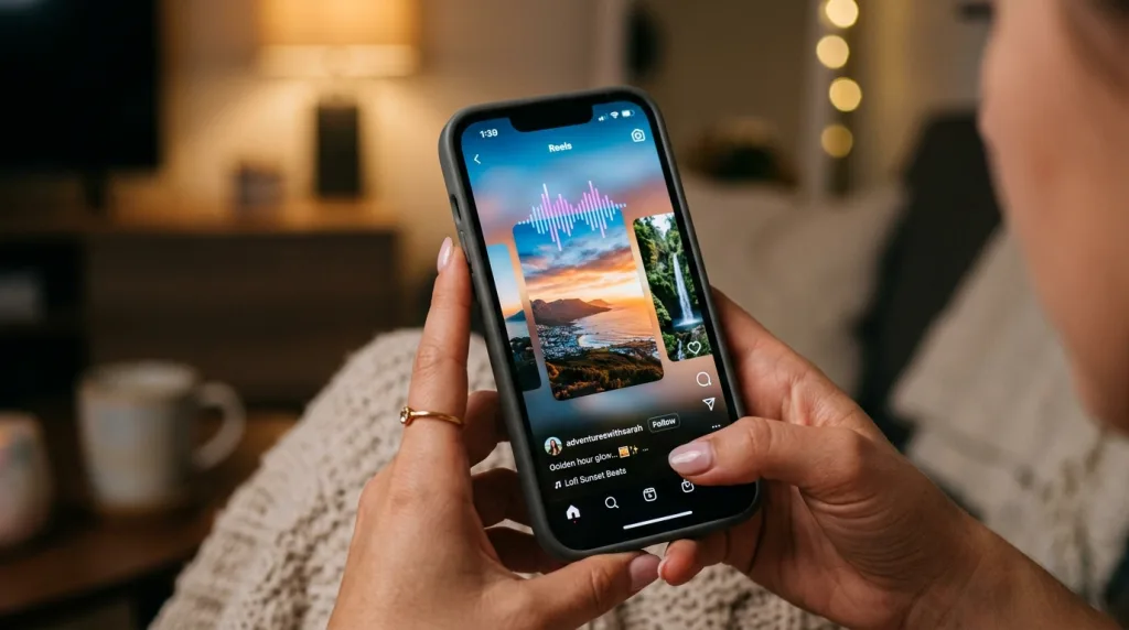 User watching an engaging video photo slideshow on a smartphone social media feed.