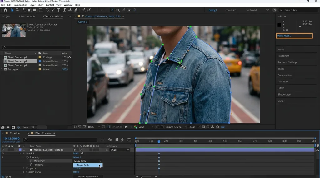 Vector mask path points selected on an image in After Effects for direct path manipulation.