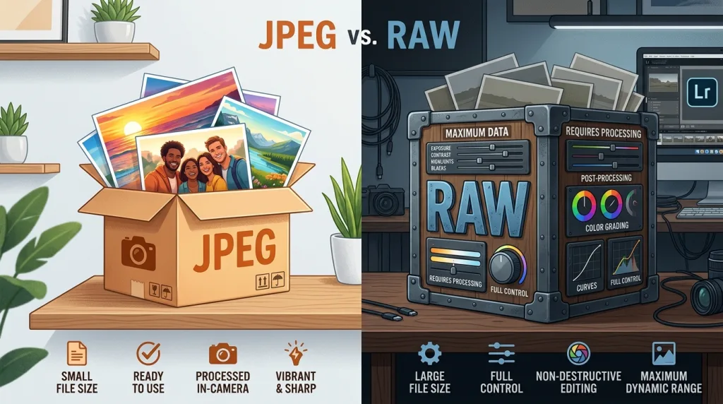 Visual comparison showing the size difference between compressed JPEG files and editable RAW image files