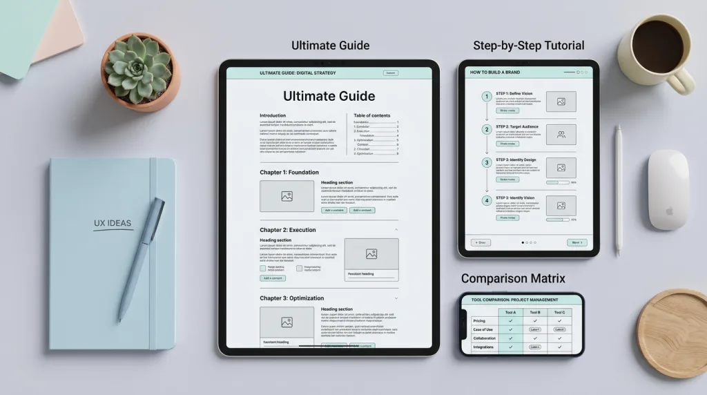 Visual representation of ultimate guides, tutorials, and comparison matrix content formats.