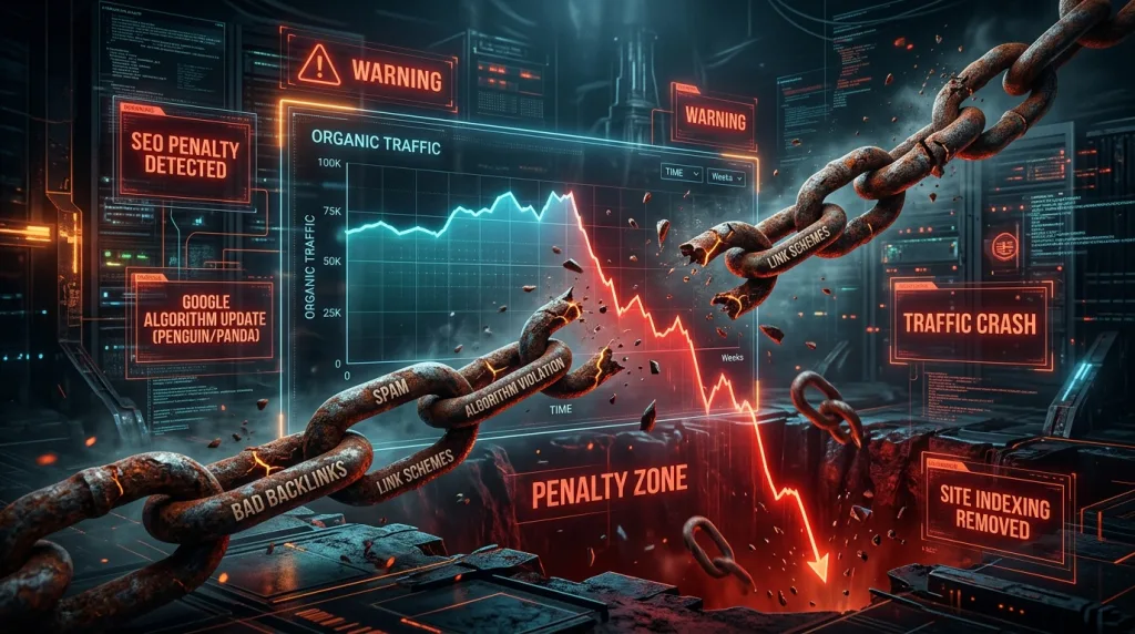 Warning graphic illustrating search engine penalty risks from cheap link building tactics