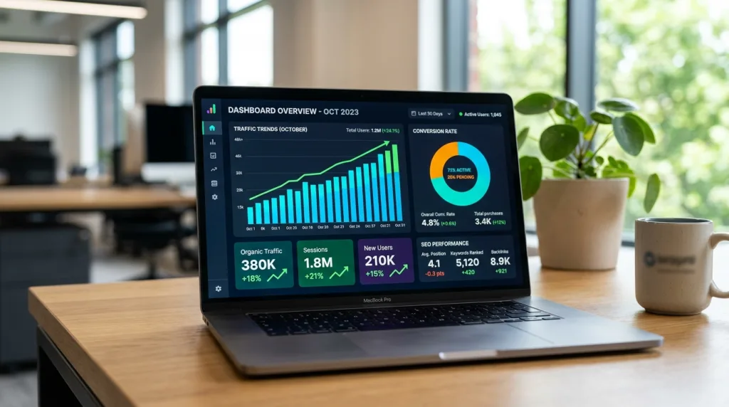 Web analytics dashboard on a laptop showing positive SEO metrics and traffic growth over time.