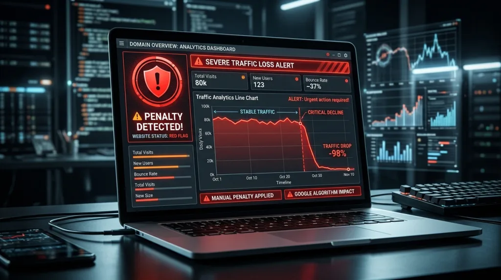 Website search engine penalty graph illustrating risks of black hat SEO tactics
