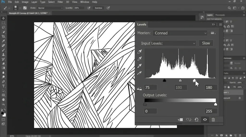 Levels adjustment layer histogram in Photoshop darkening black lines and clearing background noise.
