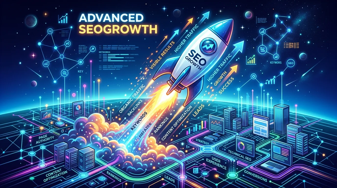 Illustration of a rocket launching from a digital network representing advanced SEO growth.