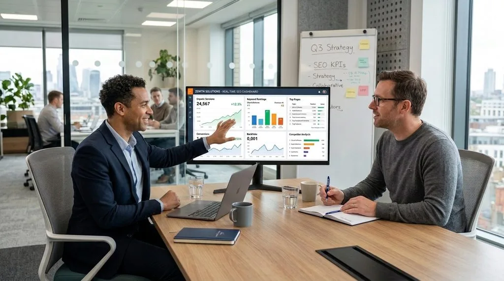 An agency marketer and a client reviewing a shared, real-time SEO dashboard.