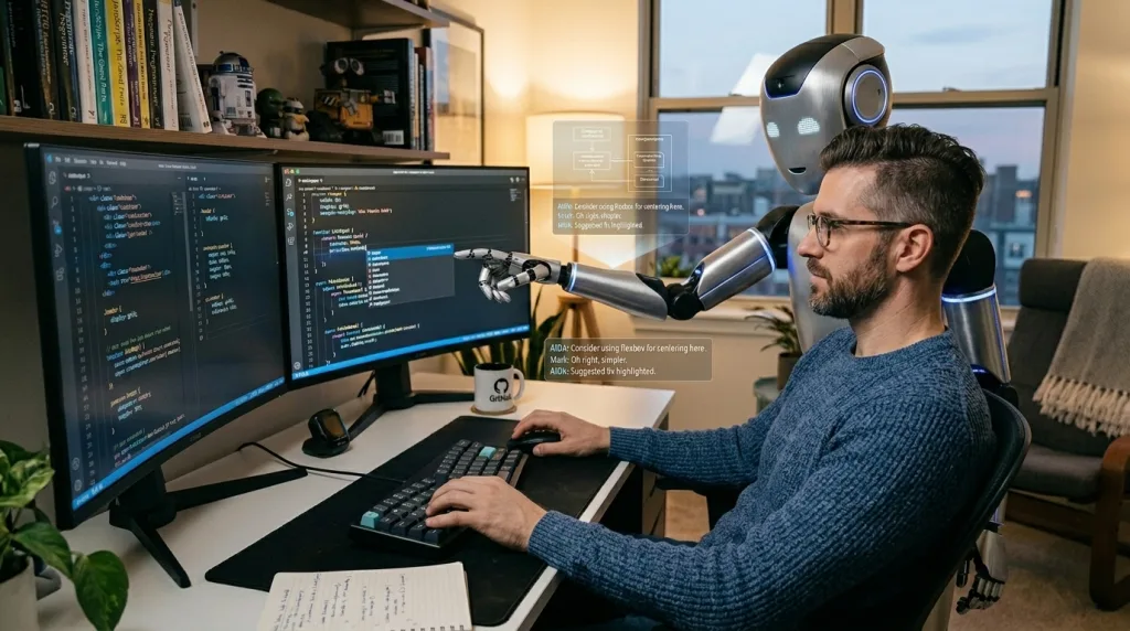 Artificial intelligence robot assisting a developer with web coding