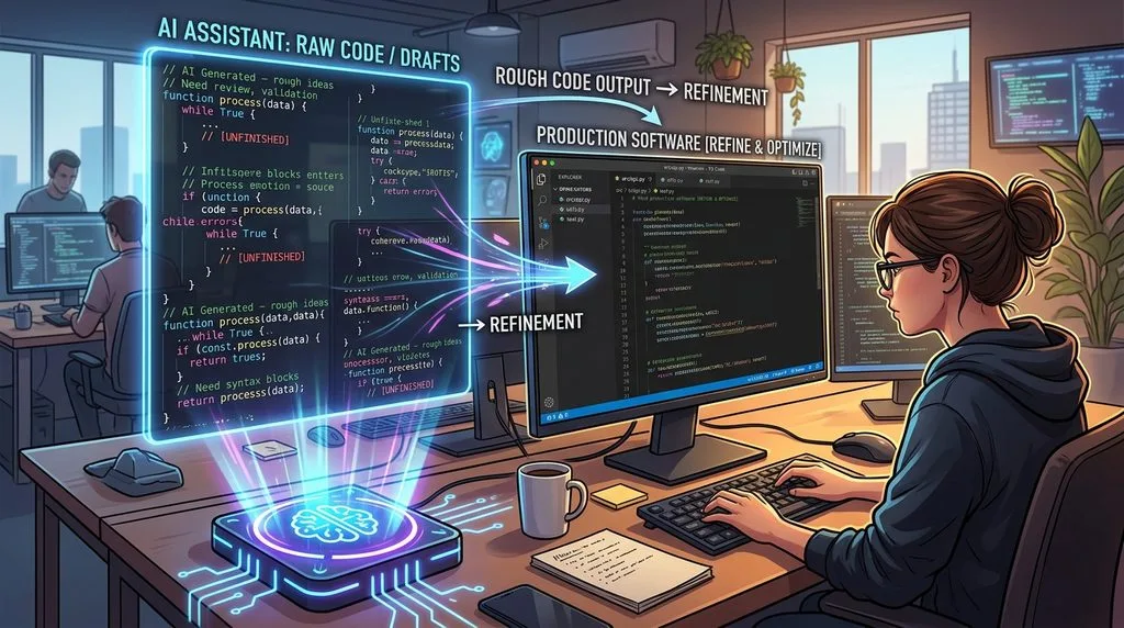 Conceptual drawing of an AI assistant generating rough code while a human developer refines it into production software
