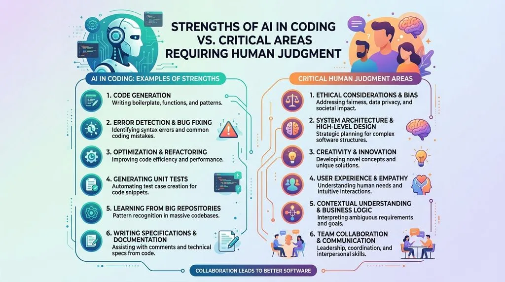 Infographic displaying the strengths of AI in coding versus critical areas requiring human judgment