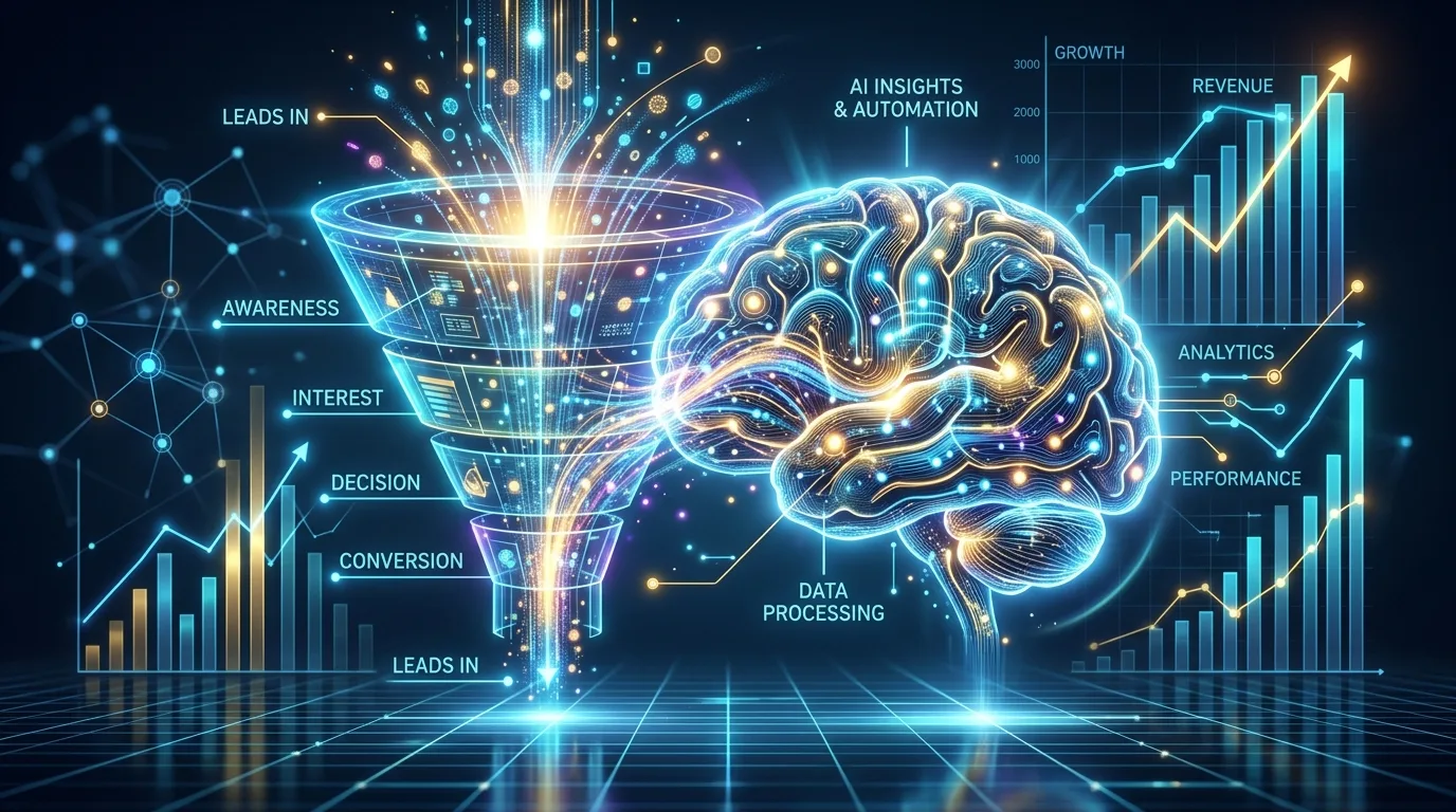 Futuristic illustration of AI-powered conversion rate optimization and GEO funnel