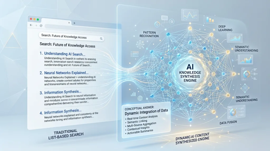 Conceptual illustration showing the evolution from traditional blue search links to AI generative answers.