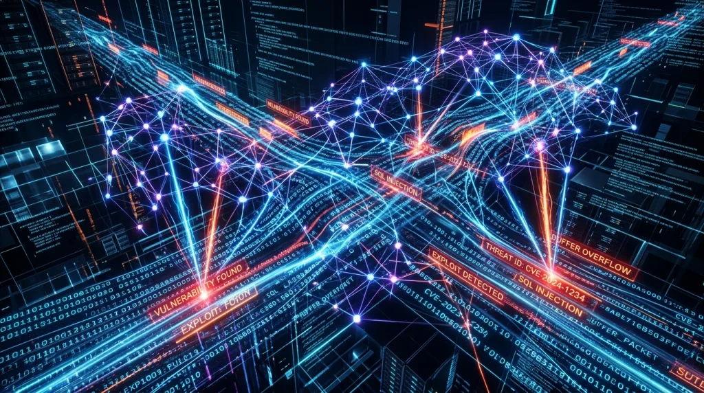 Abstract visual of neural network nodes scanning server data for vulnerabilities