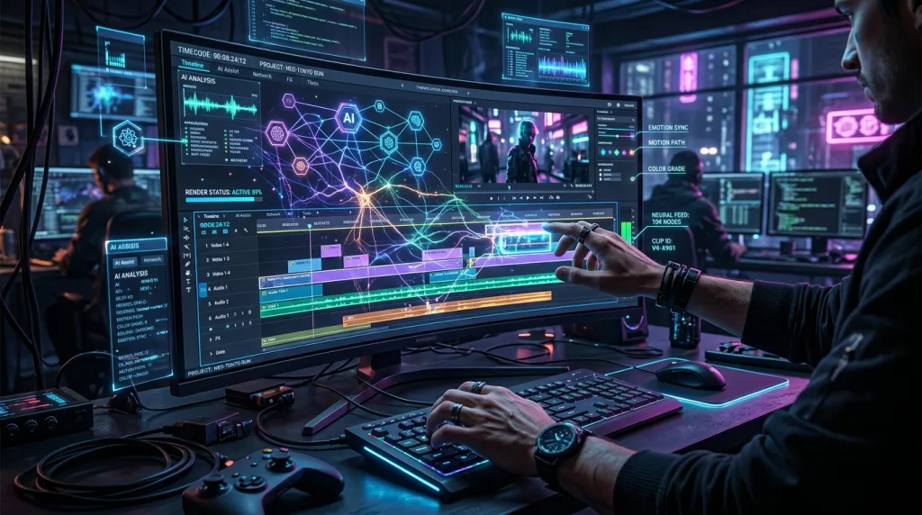 Futuristic neural network graphics overlaying a digital video editing timeline interface.