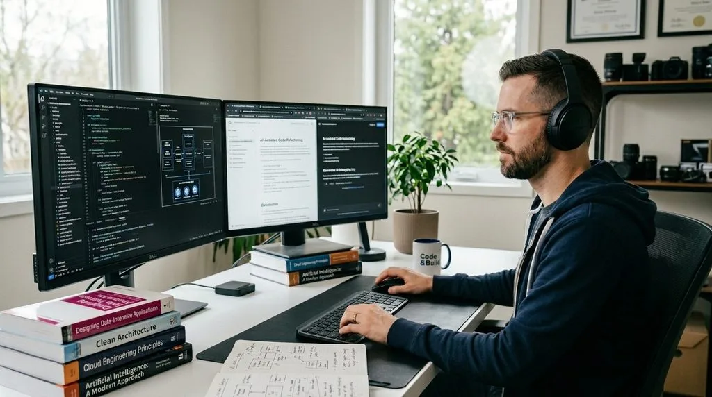 Web developer mastering high-level engineering skills and AI tools for career longevity