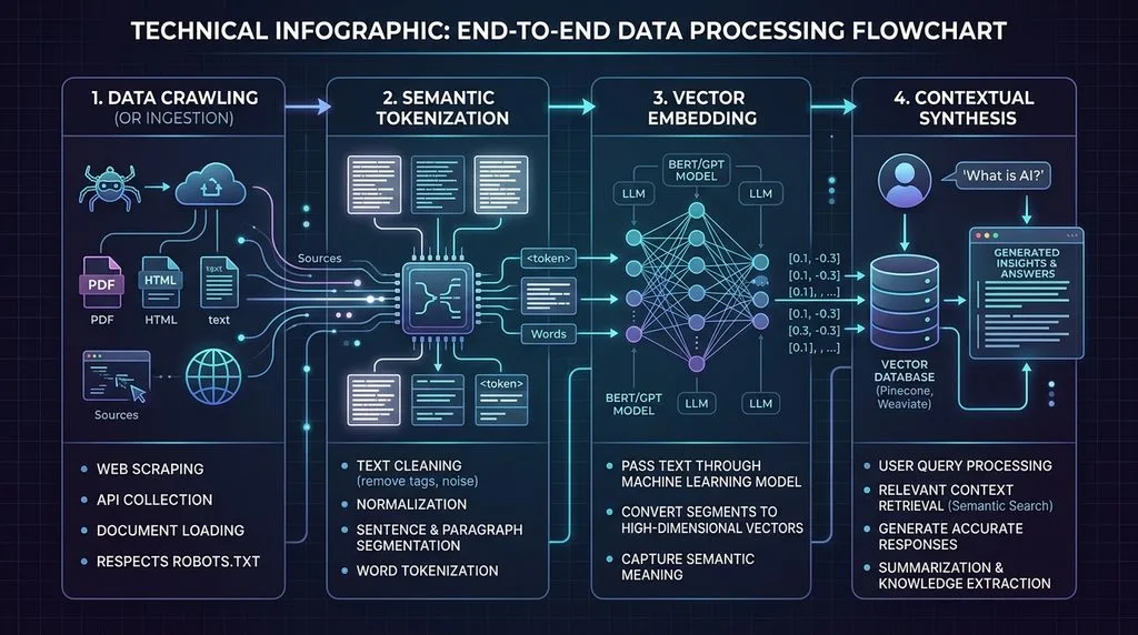 Diagram explaining the four steps of the retrieval and synthesis pipeline in AI engines