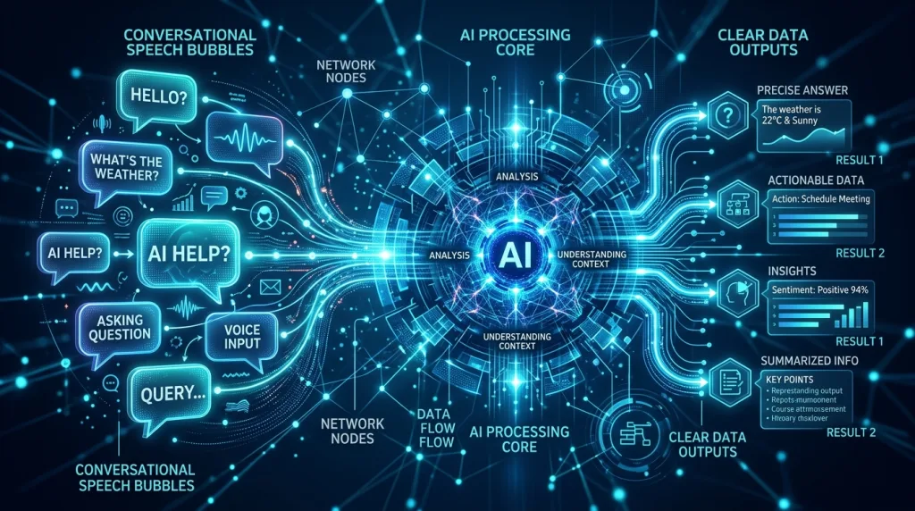 Digital network visualization connecting user questions to AI-generated direct answers.
