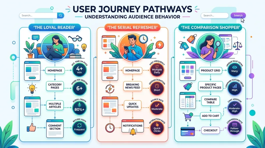 Infographic illustrating three real-world user behavior scenarios on a blog