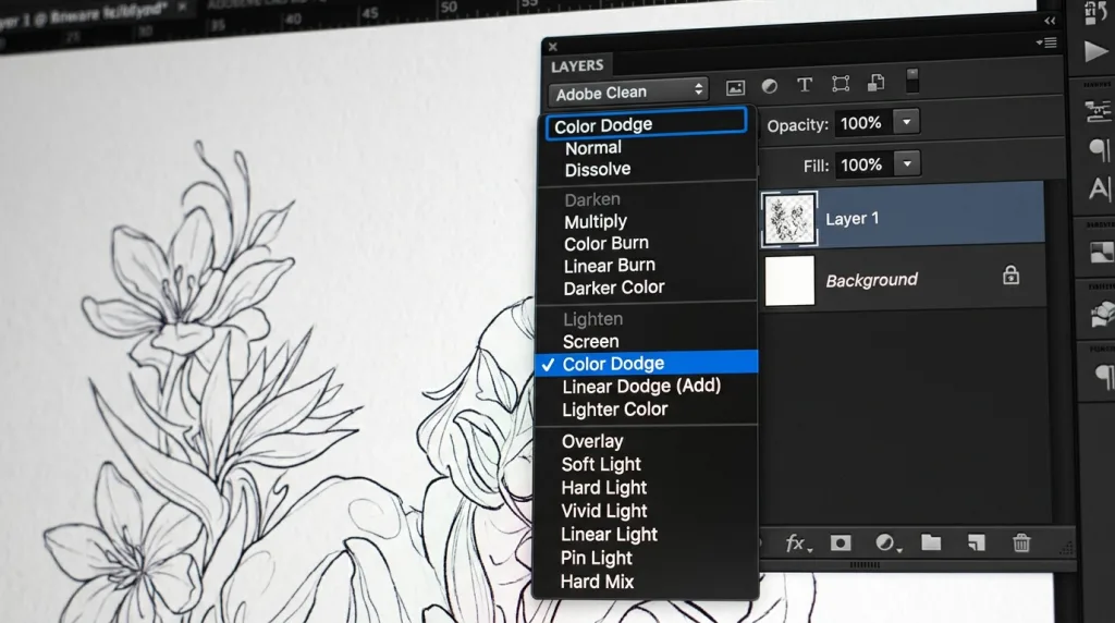 Selecting Color Dodge blend mode in Photoshop layer panel to extract line art edges.