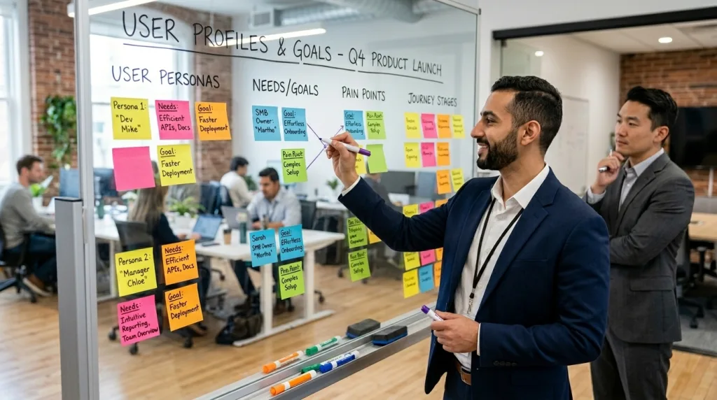 Business owner organizing audience goals with sticky notes.