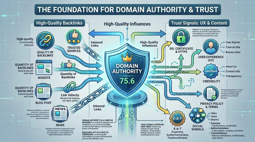 Conceptual diagram representing domain authority, backlinks, and website trust signals.