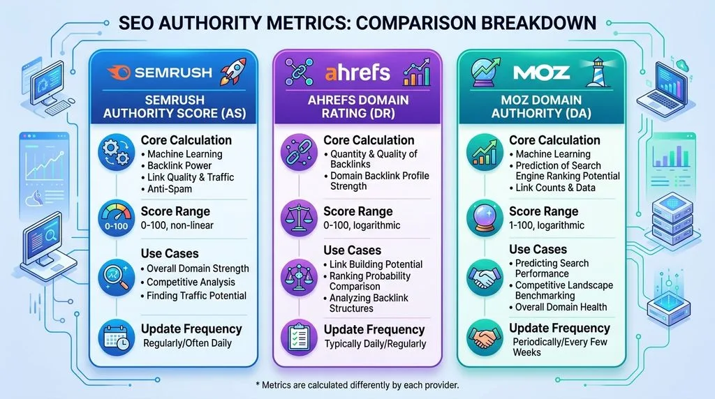 Comparison breakdown of Semrush Authority Score, Ahrefs Domain Rating, and Moz Domain Authority.