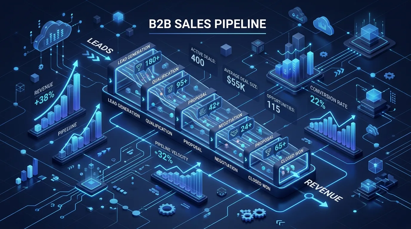 AI-driven B2B sales pipeline visualization showing digital lead generation metrics and revenue growth charts.